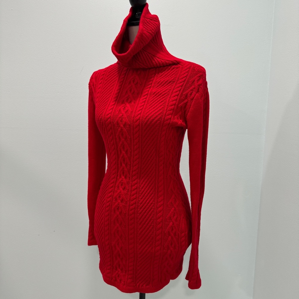 Red Long Cableknit Tunic Dress Long Sweater Turtleneck Cable Knit Preppy